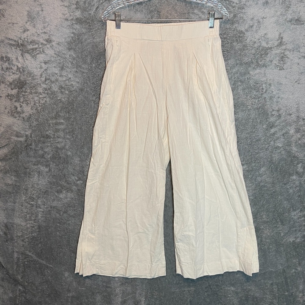 Womens Off White Wide Leg Cropped Pant M Coastal Lagenlook Old Money 100% Cotton
